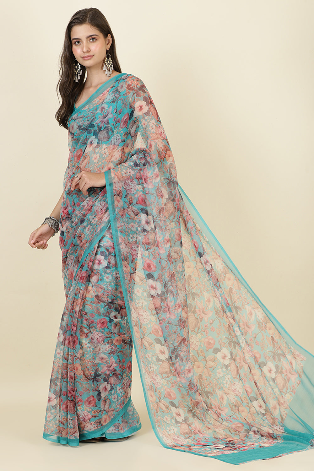 Turquoise Floral Printed Chiffon Saree