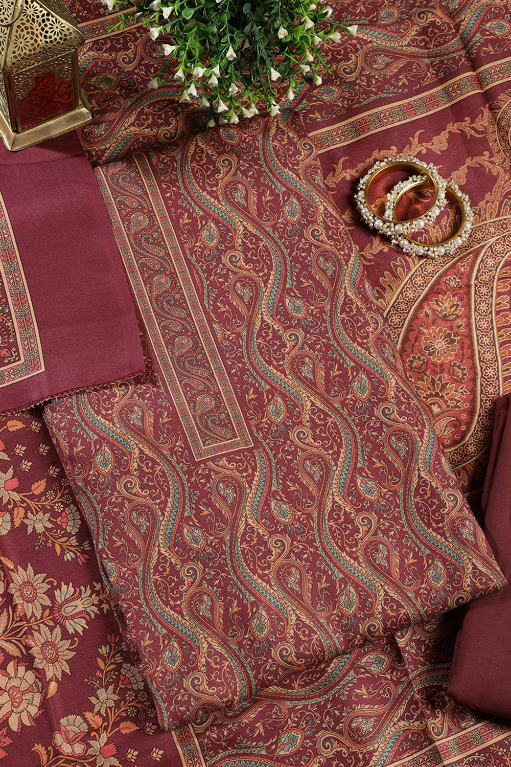 Wine Color Pashmina Digital Printed Unstitched Suit Material