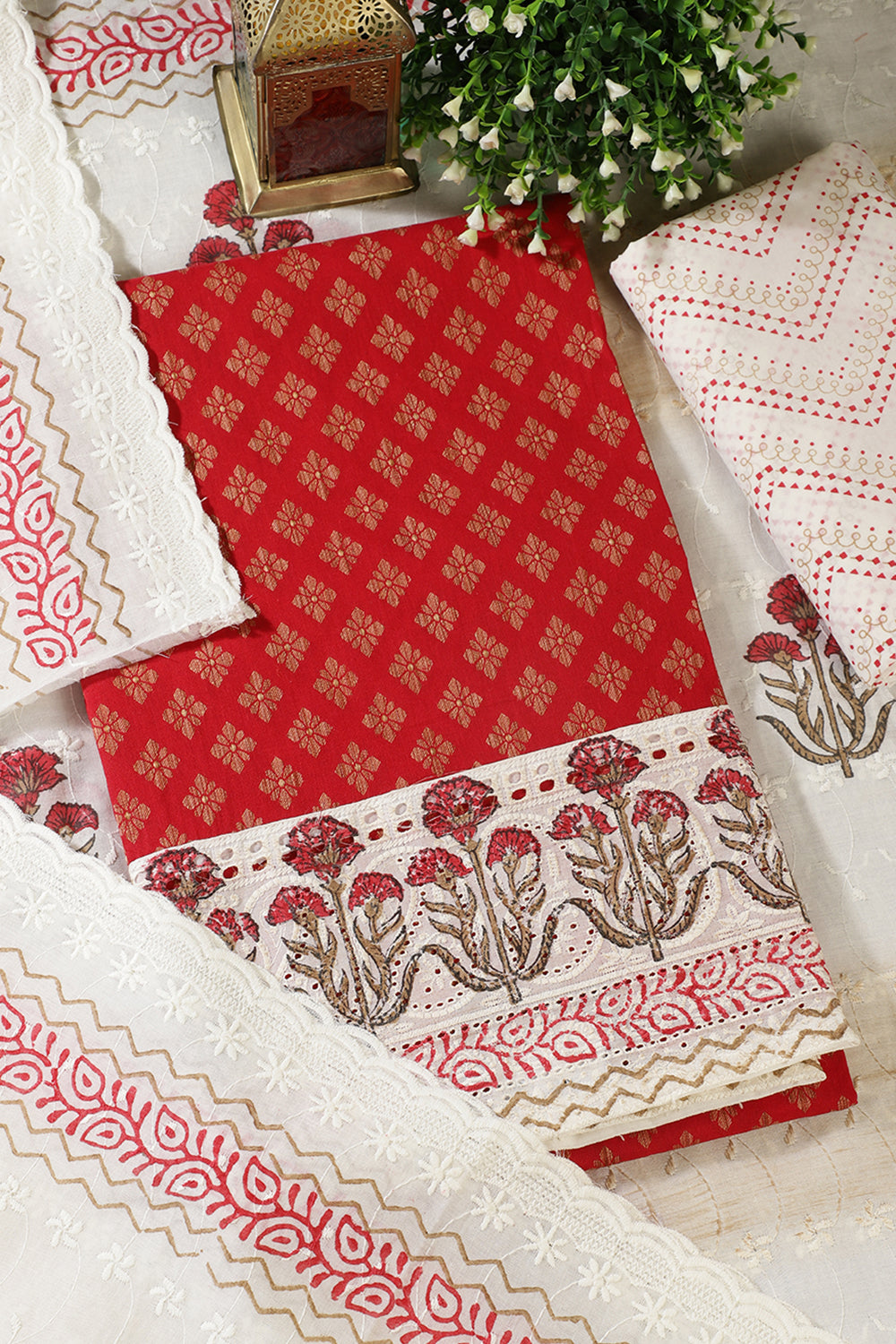 Red Cotton Woven And Lace Work Unstitched Suit Material