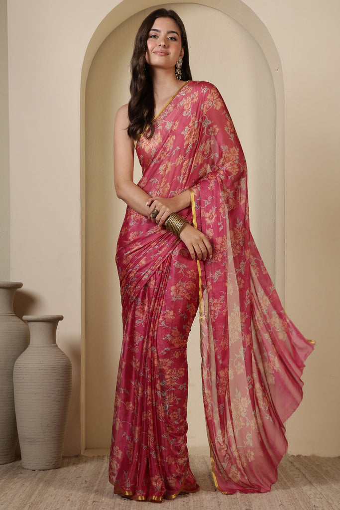 Taffy Pink Chiffon Floral Zari Border & Floral Printed Saree