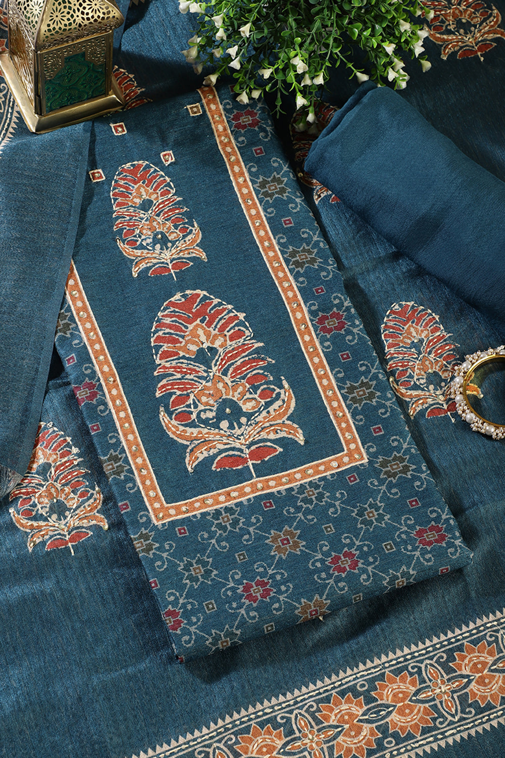 Blue Tussar Silk Printed Unstitched Suit Material
