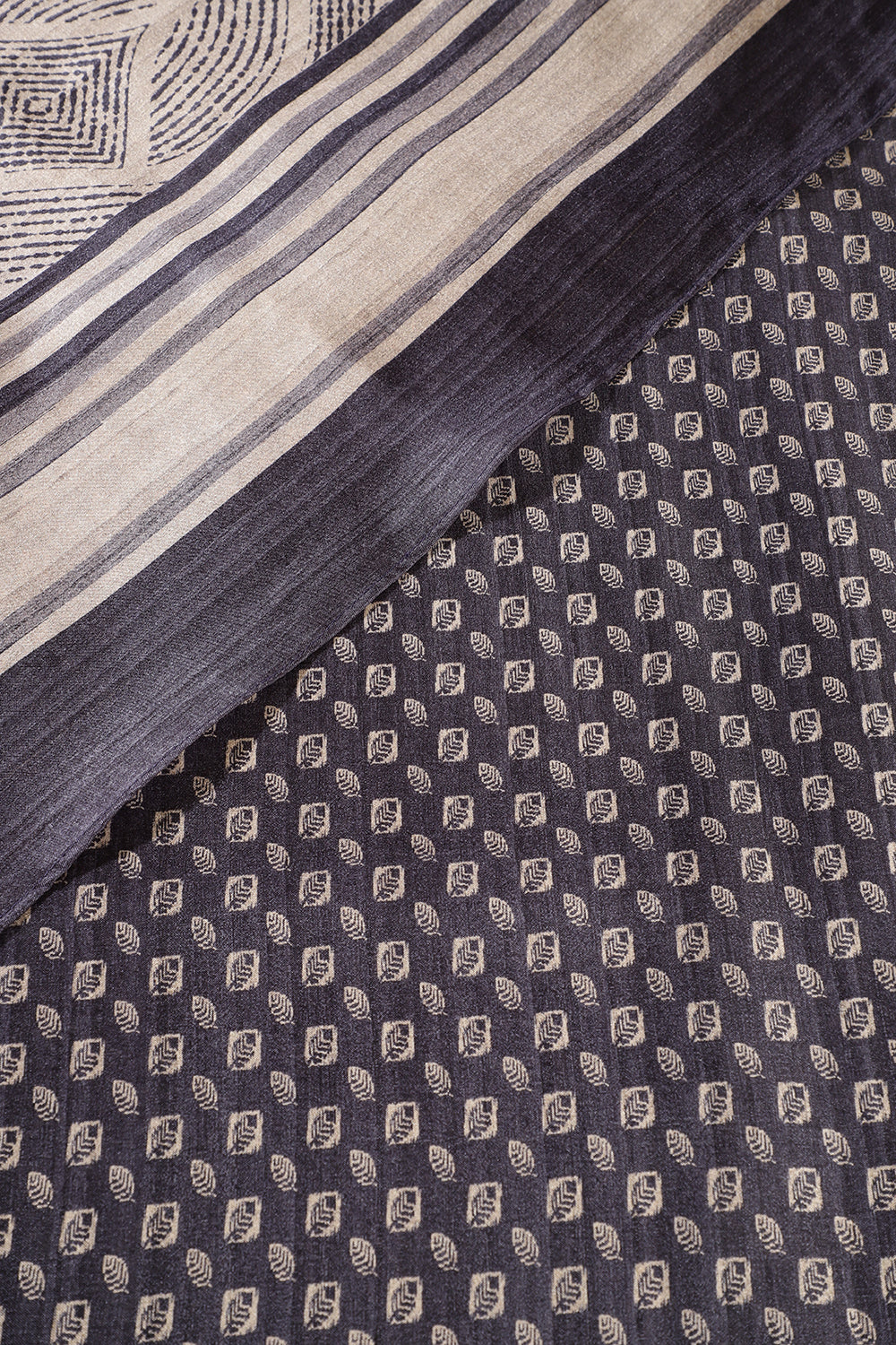 Beige & Navy Tussar Silk Printed Saree