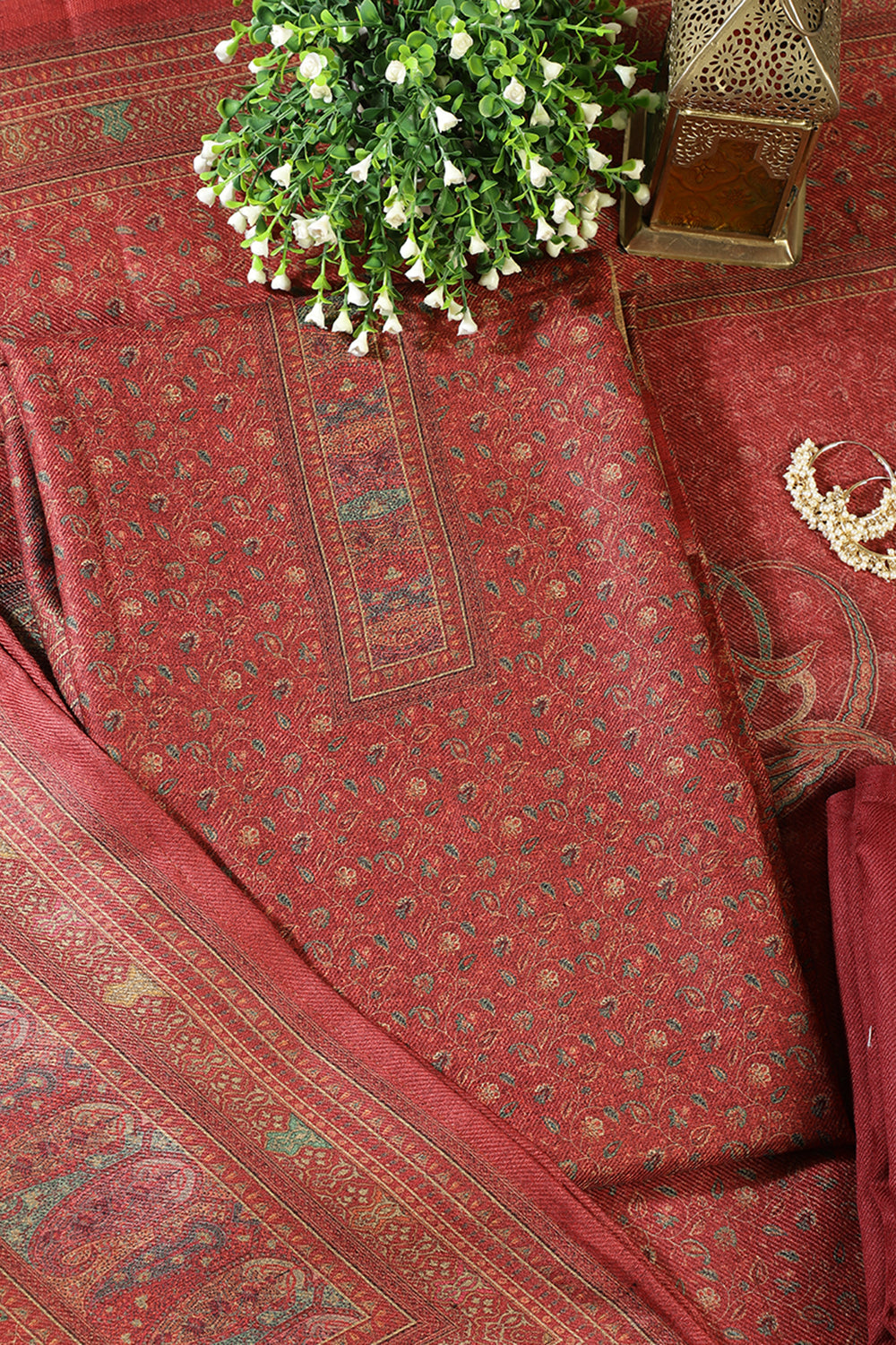 Maroon Pashmina Floral Printed Unstitched Suit Material