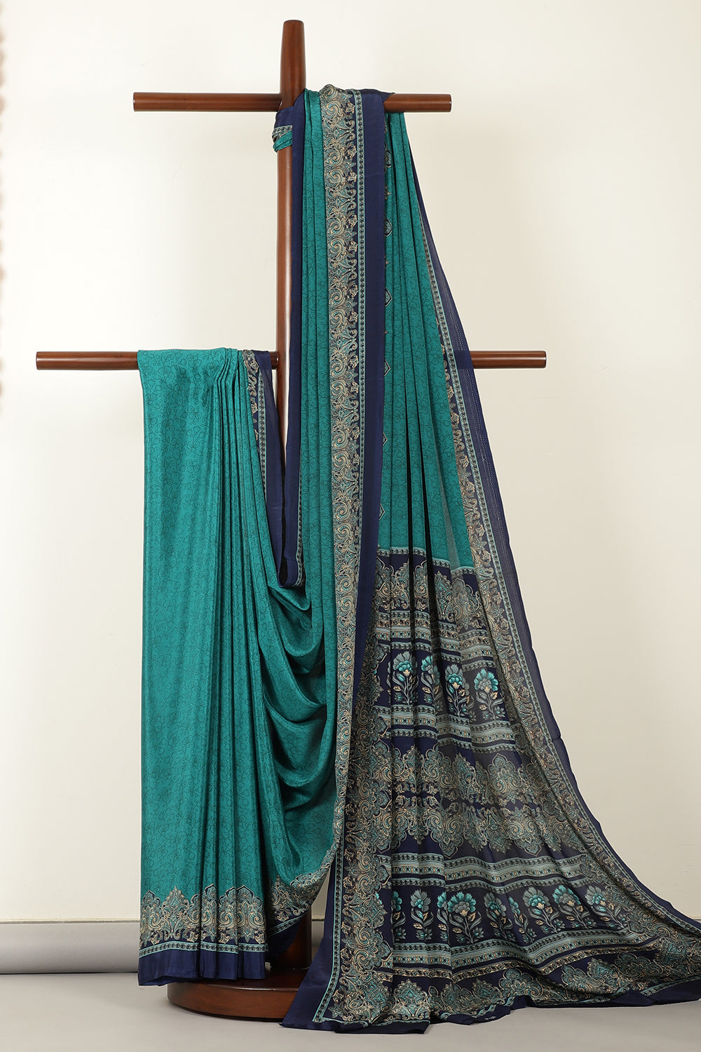 Teal Kashmiri-Inspired Floral Printed Crepe Saree