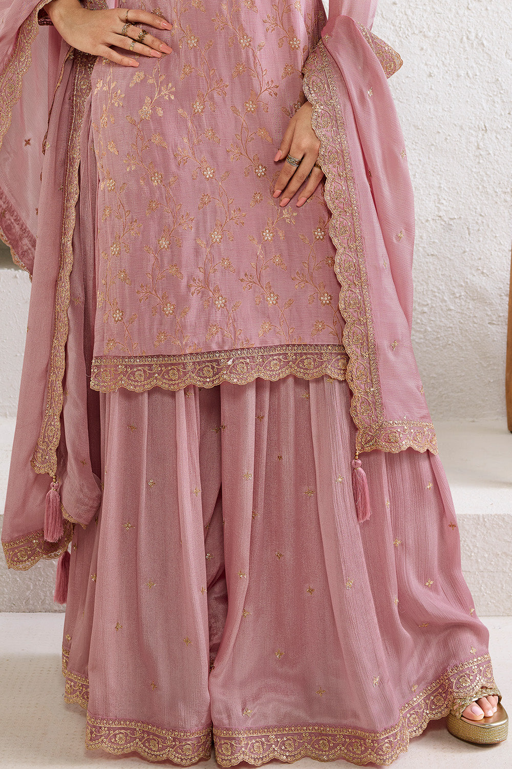 Dusty Pink Color Crepe Silk Woven Suit with Sharara