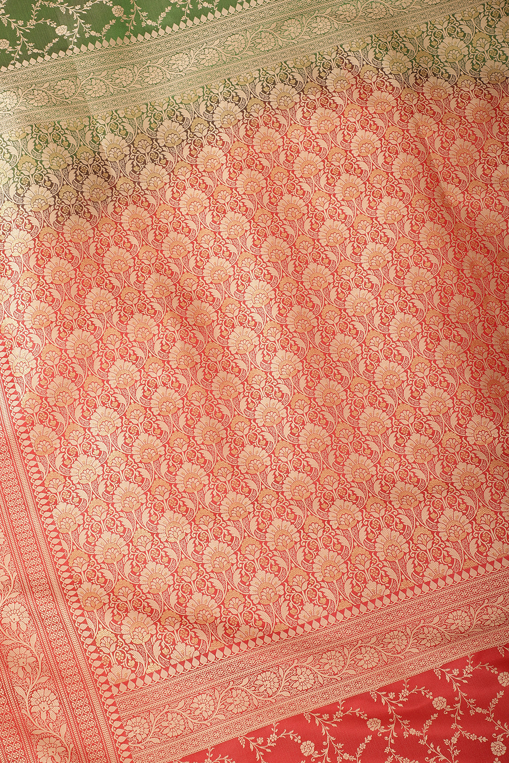 Green & Red Dual Toned Silk Floral Jal Woven Saree