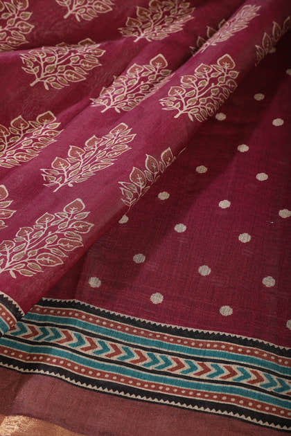 Wine Cotton Silk Printed Saree