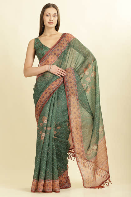 Green Organza Cotton Bandhani Block Printed Saree