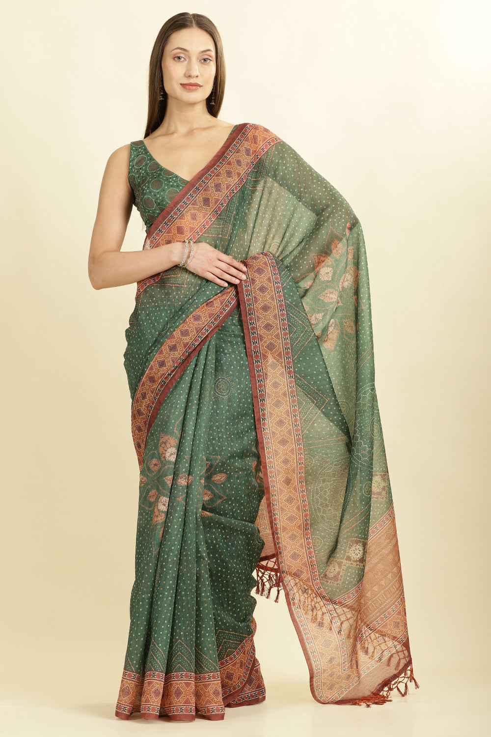 Green Organza Cotton Bandhani Block Printed Saree