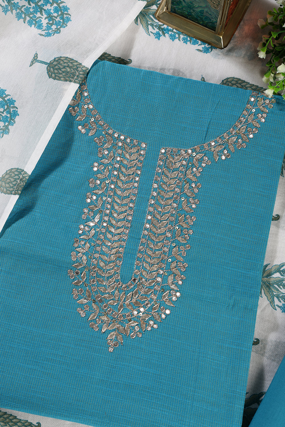 Blue Cotton Gota Patti and Zari Work Unstitched Suit Material
