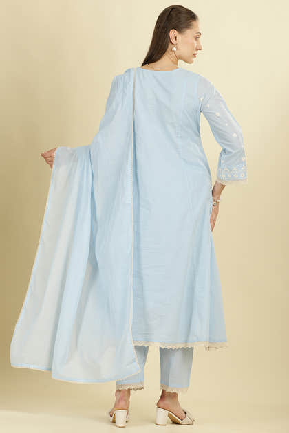 Light Blue Cotton Resham Floral Embroidered Anarkali Suit Set