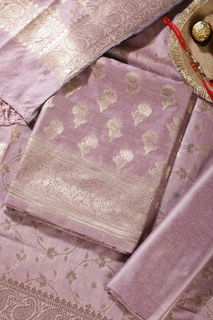 Mauve Silk Zari Woven Unstitched Suit Material