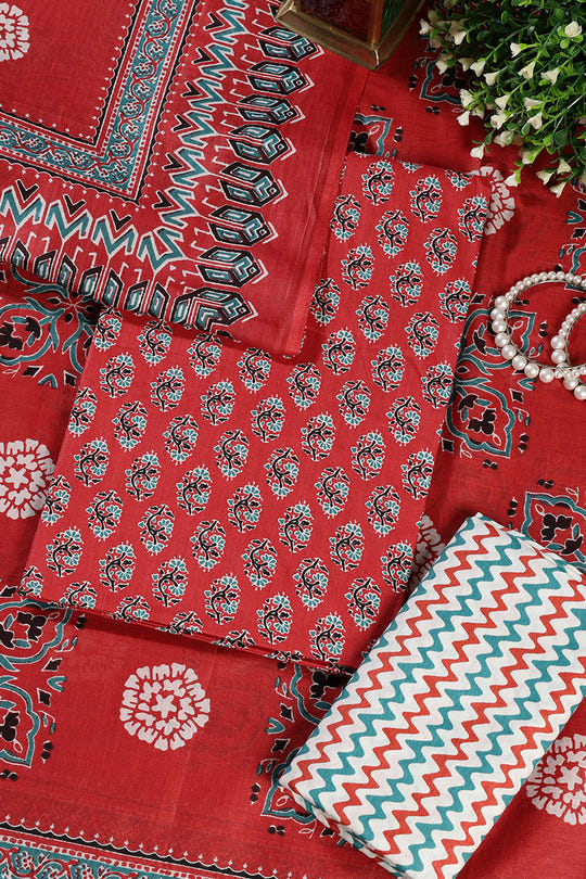 Light Maroon Poplin Cotton Printed Unstitched Suit Material