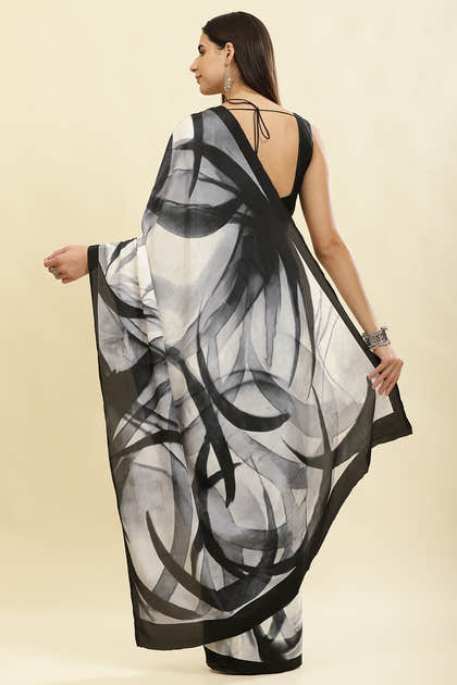 White Printed Crepe Silk Saree