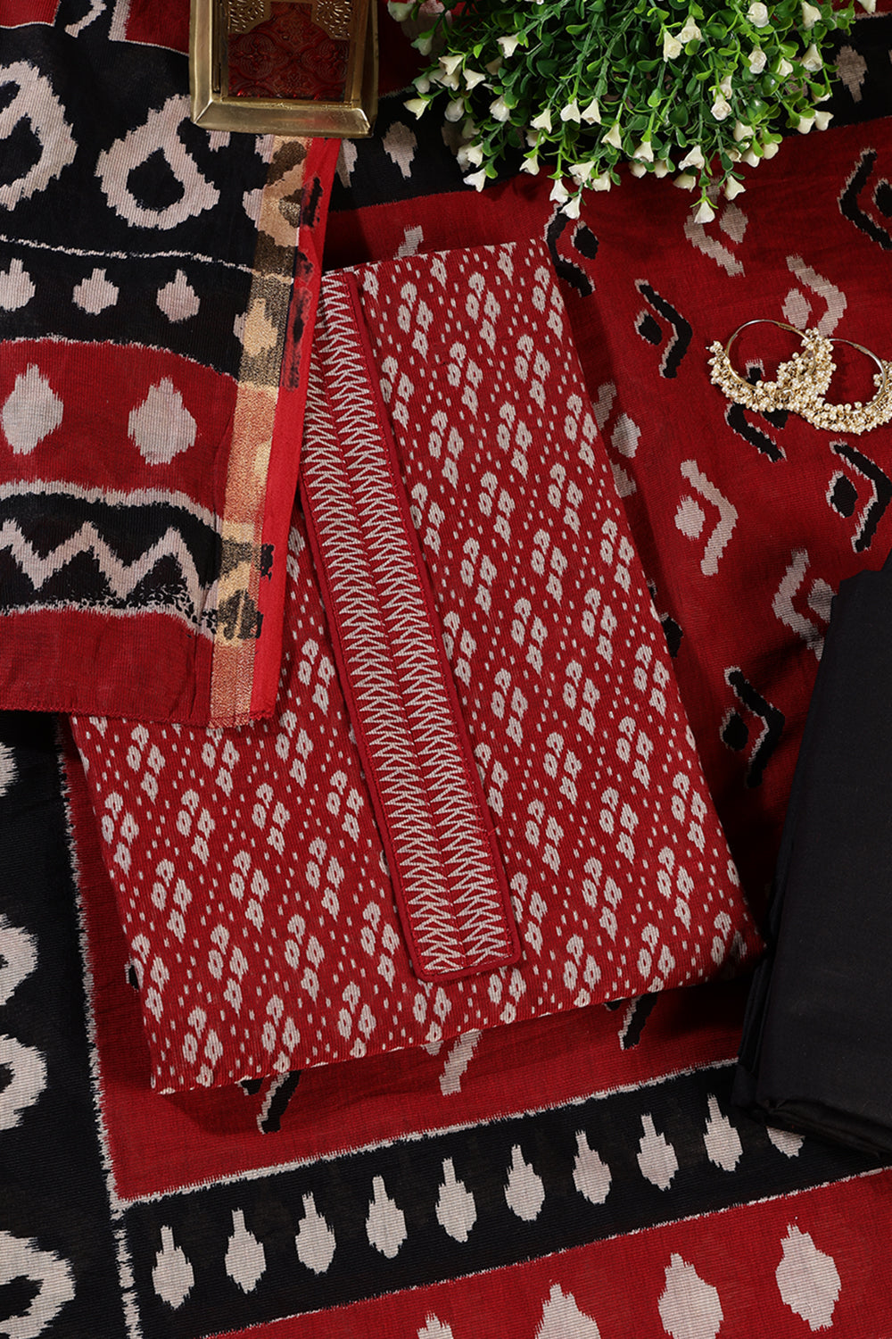 Maroon Ikkat Cotton Printed Unstitched Suit Material