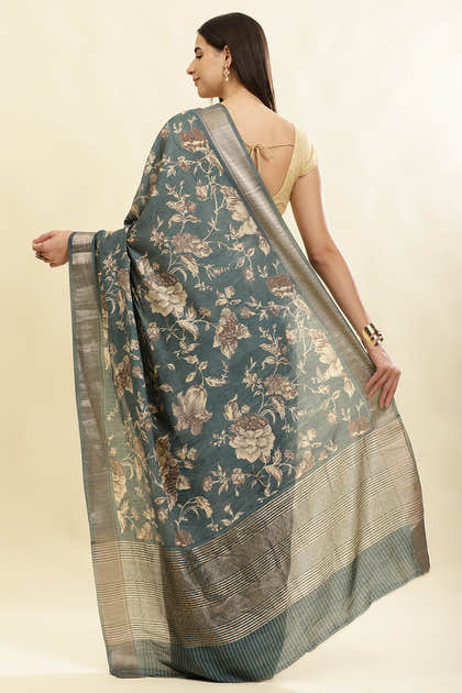 Sea Green Cotton Silk Floral Printed & Zari Border Saree
