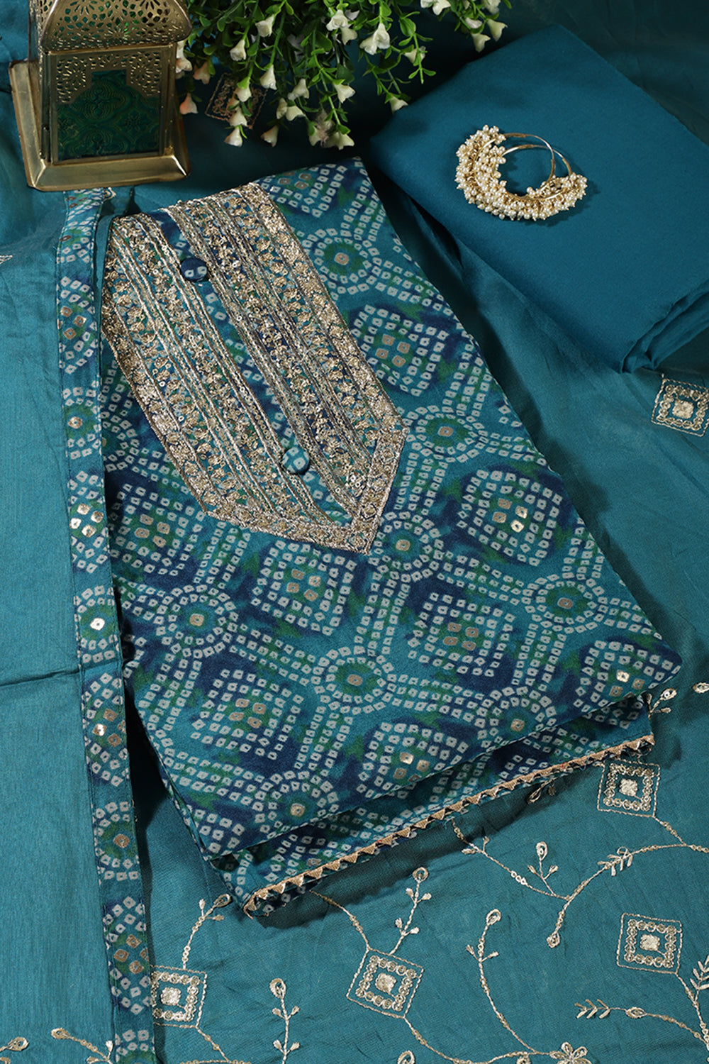 Blue Cotton Bandhani Printed & Neck Embroidered Unstitched Suit Fabric