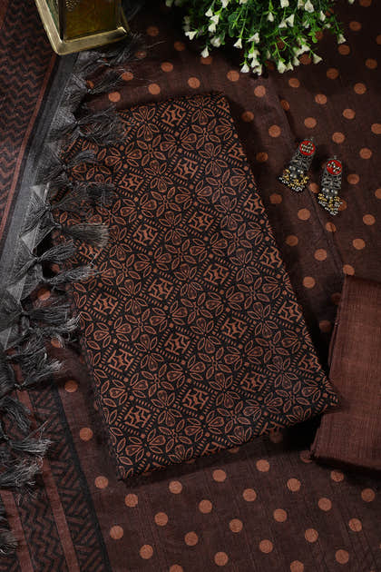 Brown Chanderi Cotton Printed Unstiched Suit Material