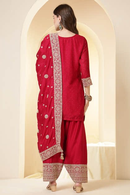 Rani Silk Zari Embroidered Suit With Farsi Salwar