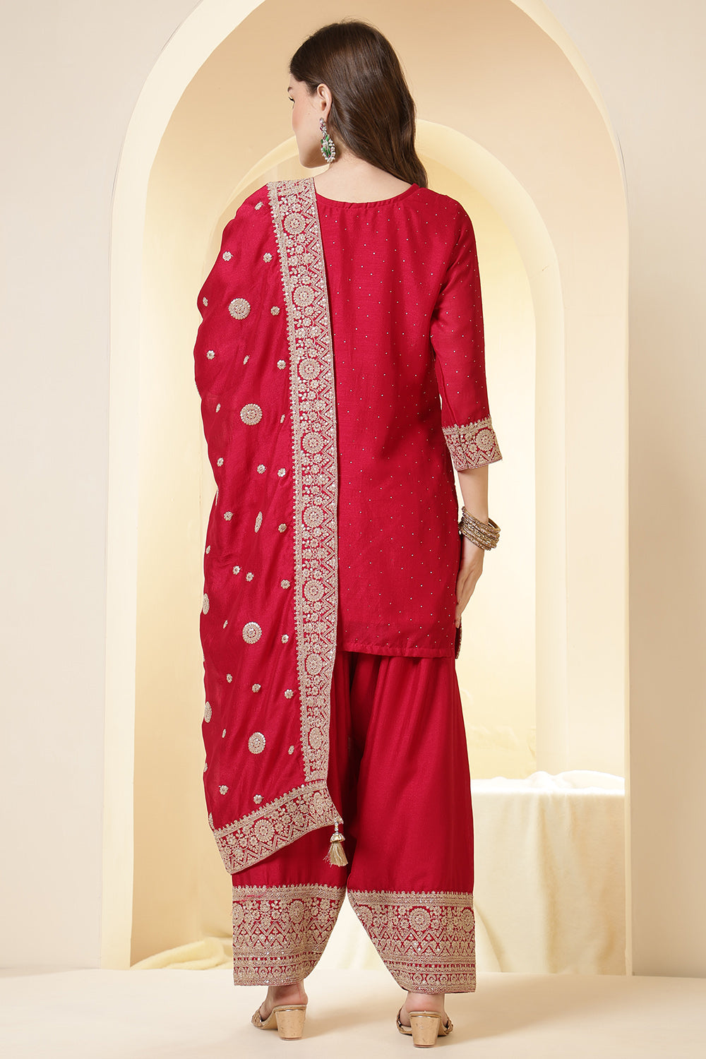 Rani Silk Zari Embroidered Suit With Farsi Salwar