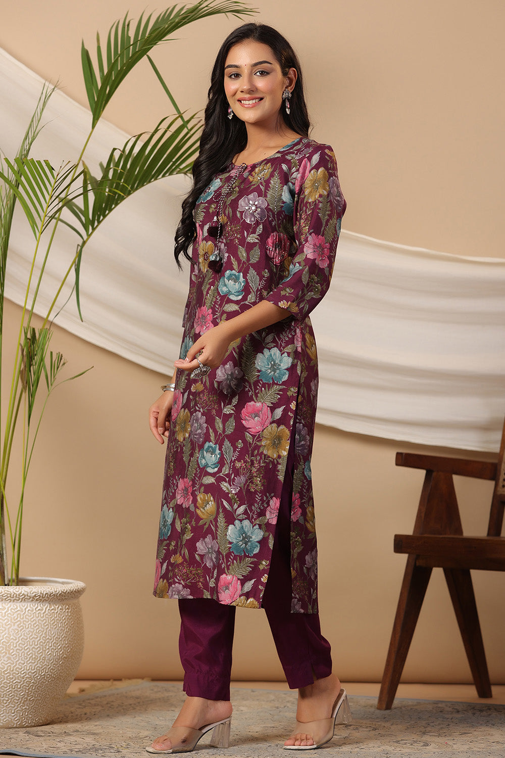 Dark Scarlet Color Cotton Floral Printed Long Kurta Set