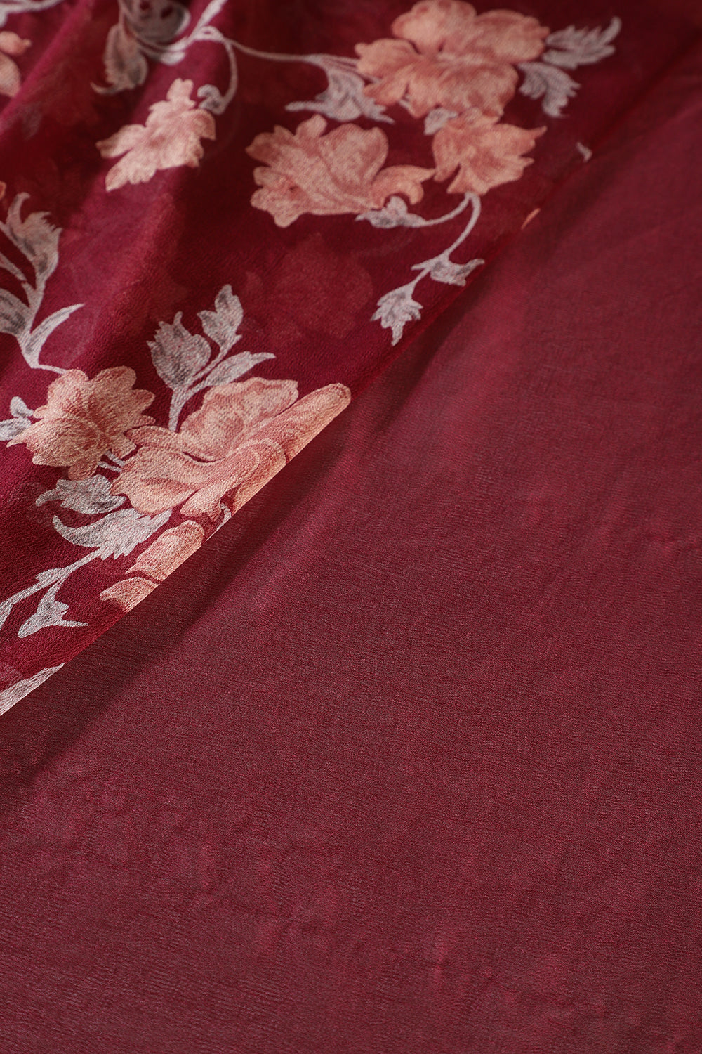 Dark Scarlet Zari Border & Floral Printed Chiffon Saree