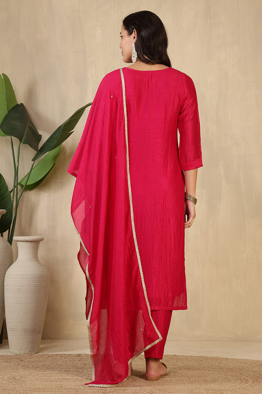 Cherry Red Crepe Silk Neck Embroidered Suit