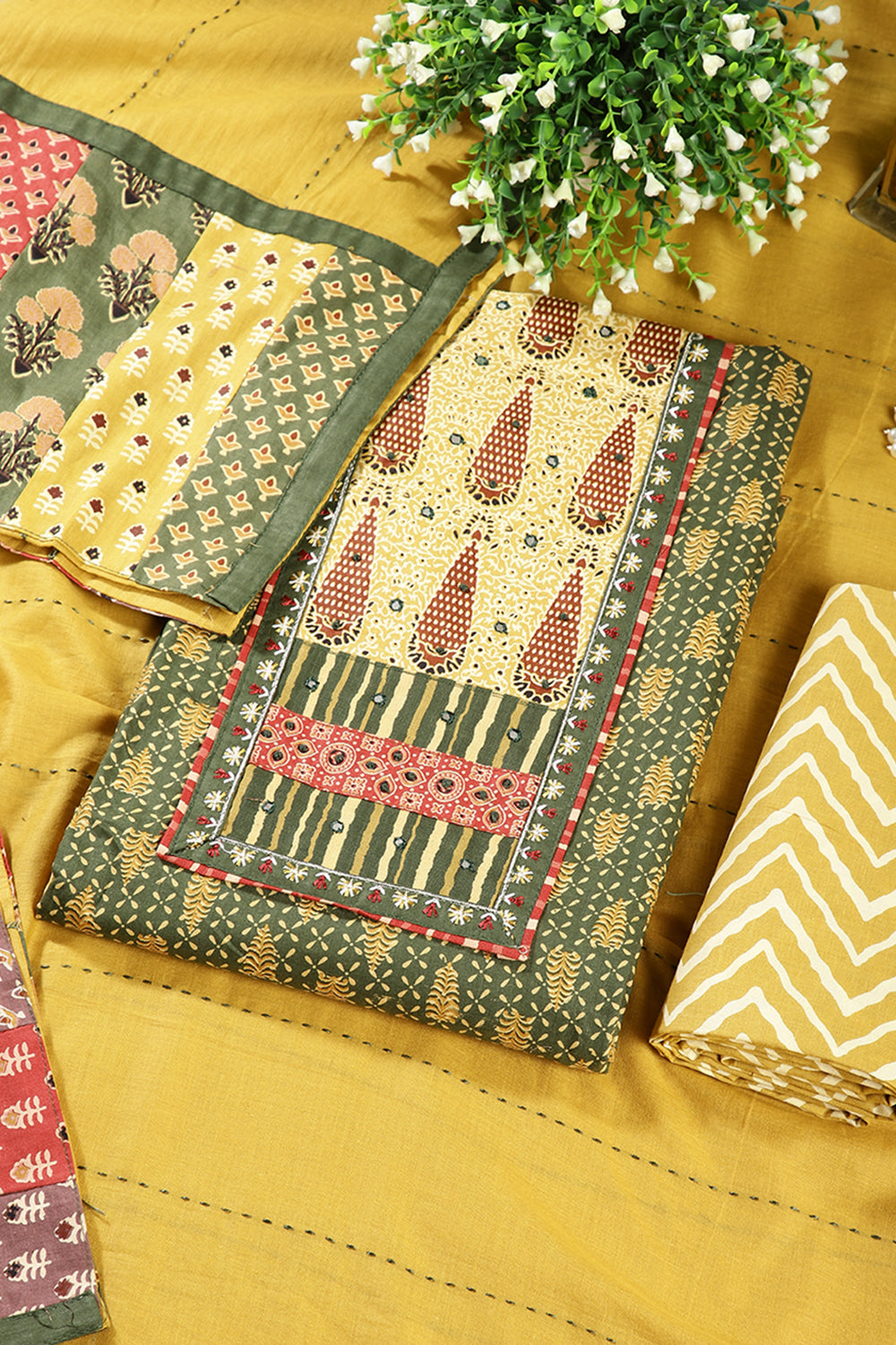 Green & Mustard Color Twill Cotton Printed Unstitched Suit Material
