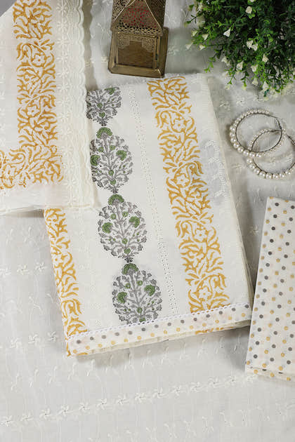 Cream & Mustard Printed And Resham Embroidered Unstitched Suit Fabric