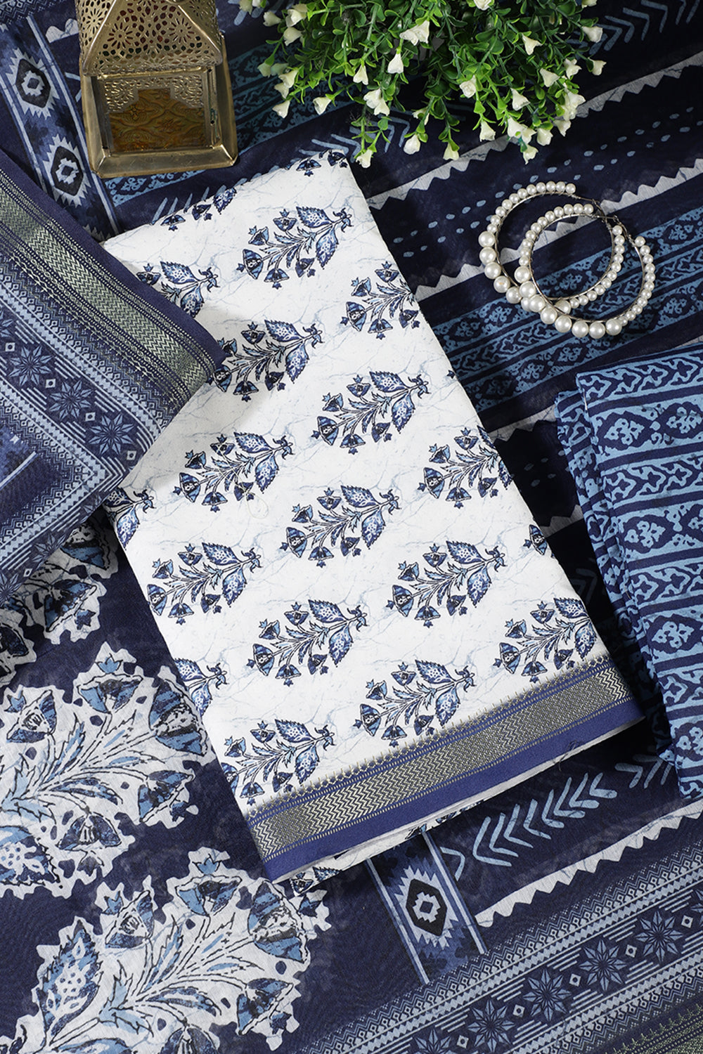 Navy And White Cotton Floral Block Print & Zari Border Unstitched Suit Material