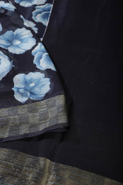 Blue Chiffon Floral Printed Saree