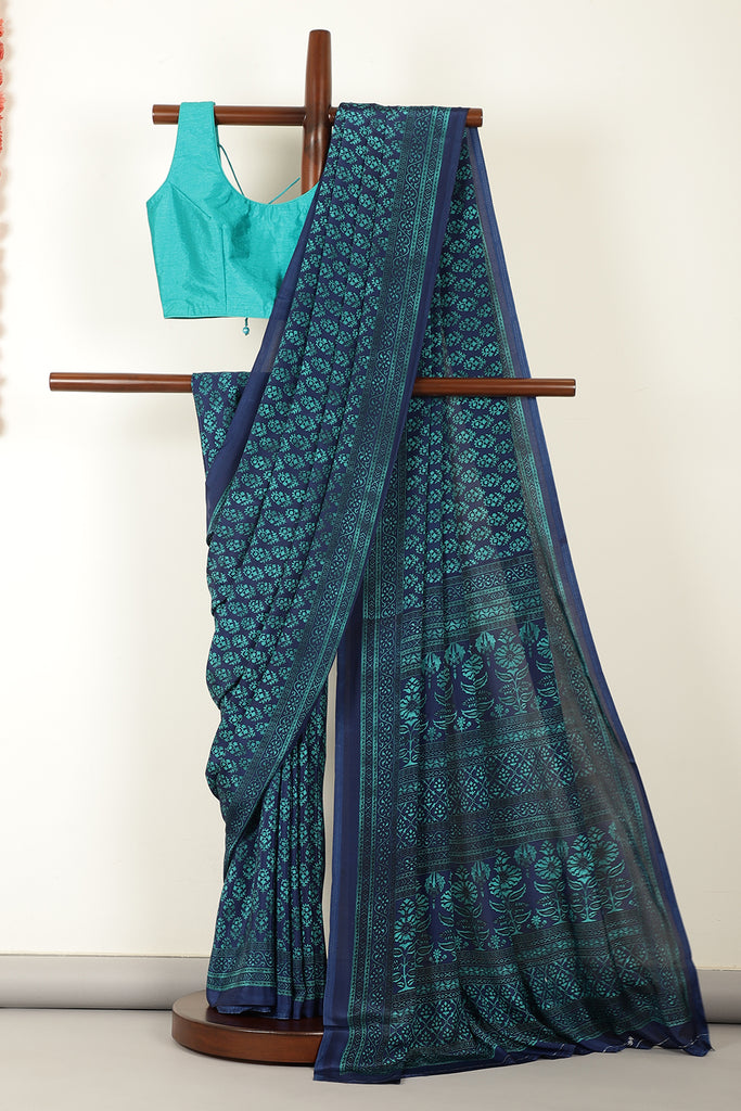 Navy & Teal Floral Printed Crepe Saree