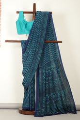 Navy & Teal Floral Printed Crepe Saree