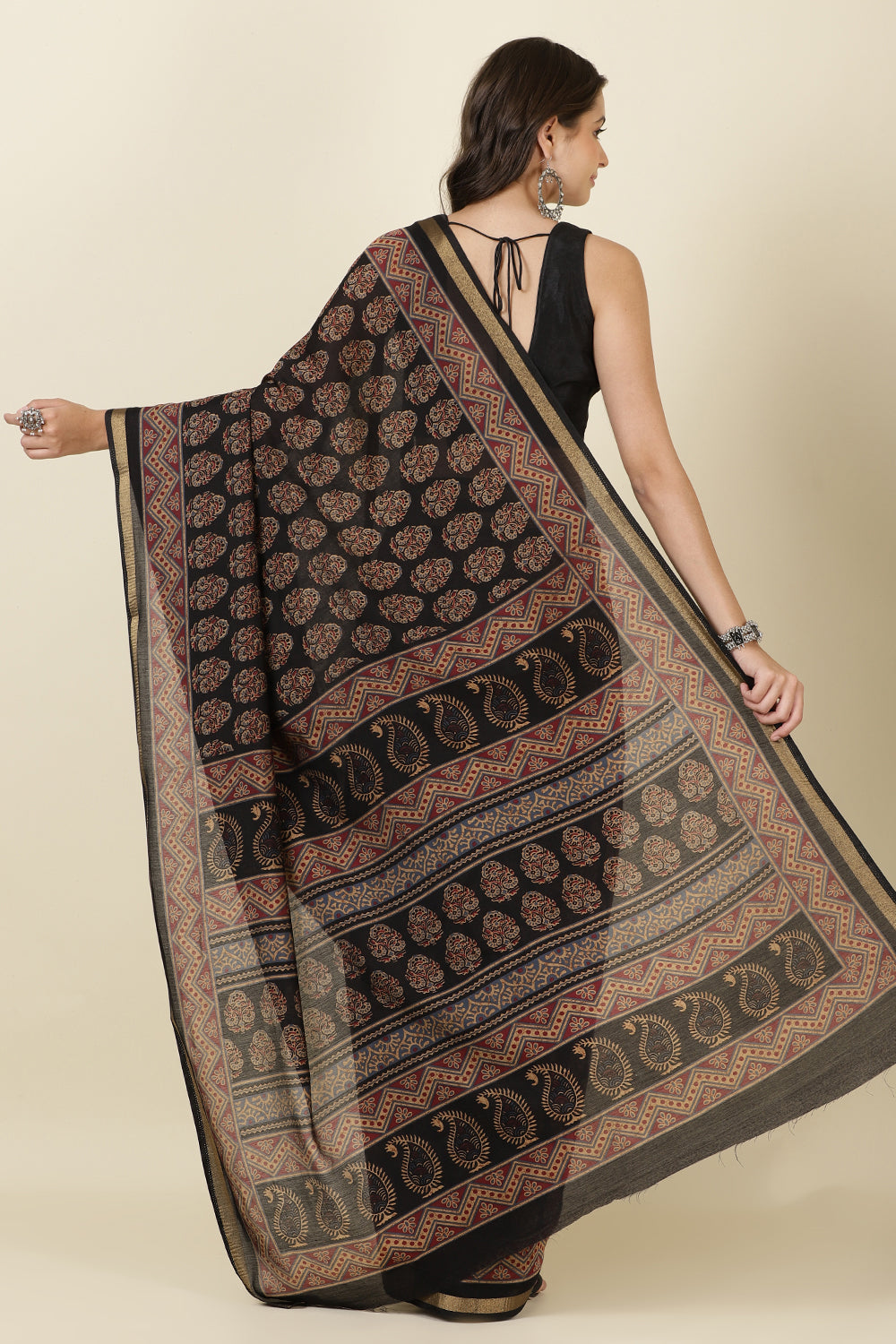 Black Block Printed Cotton Saree