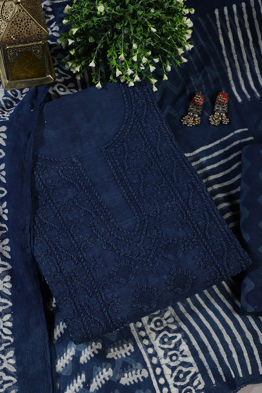 Blue Cotton Resham Embroidered Unstitched Suit Material