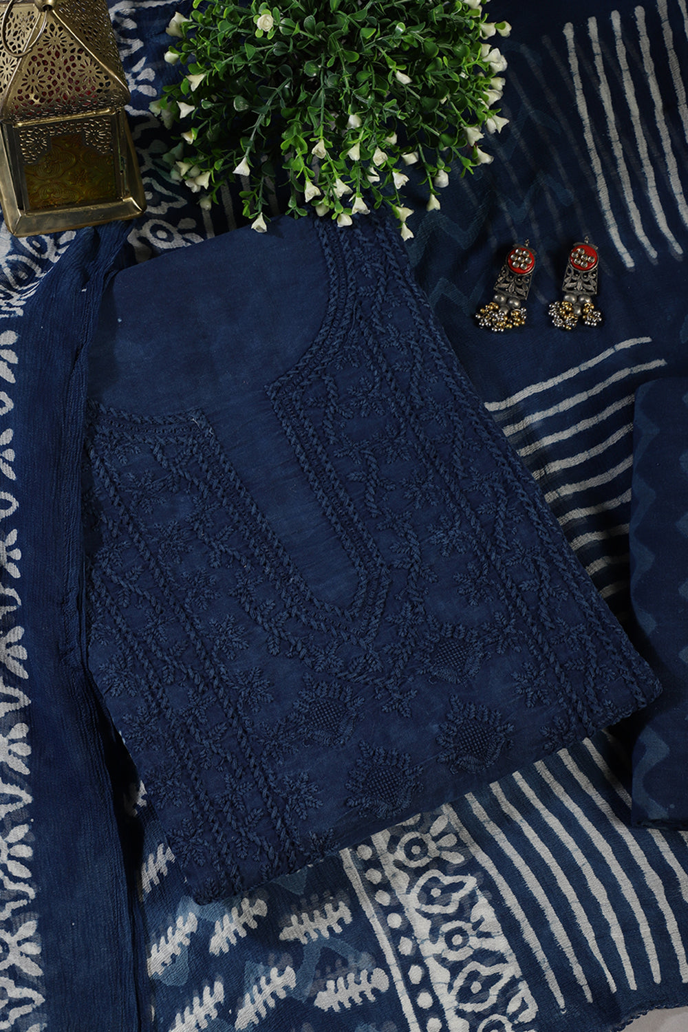 Blue Cotton Resham Embroidered Unstitched Suit Material