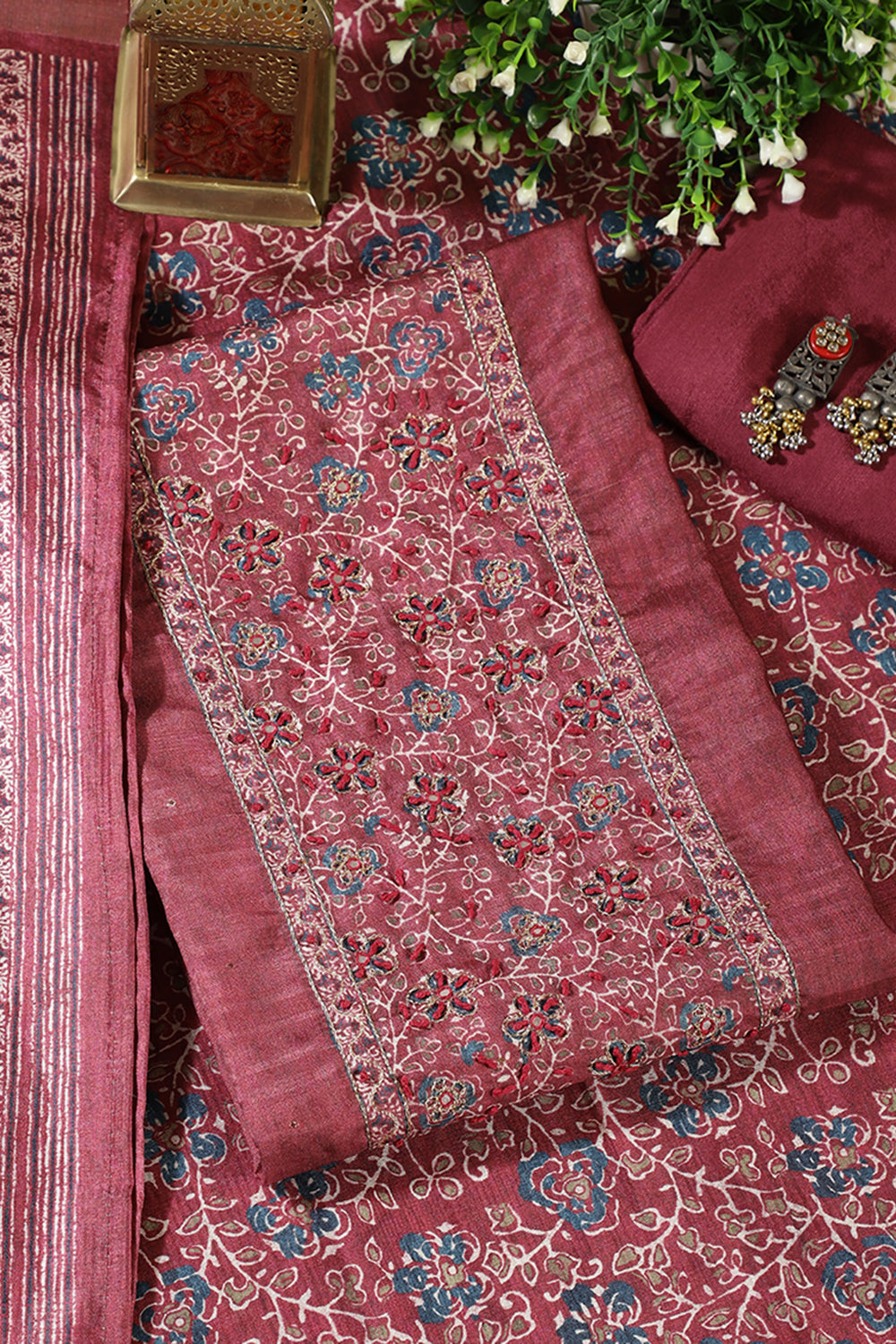 Light Maroon Chanderi Silk Mirror & Resham worked Unstitched Suit