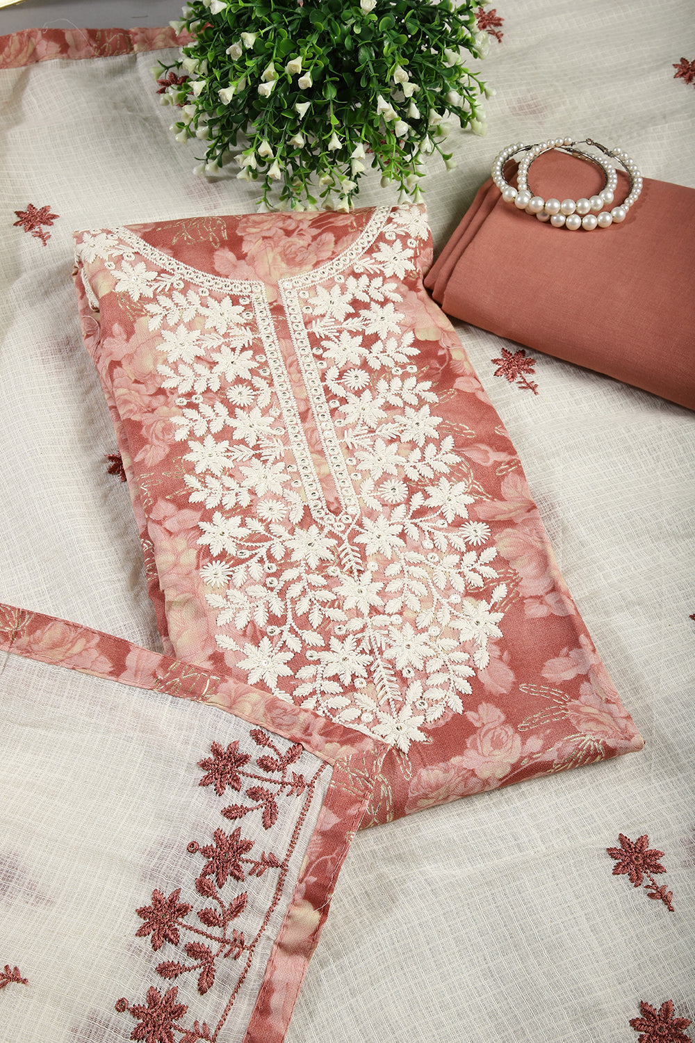 Gajari Color Twill Cotton Printed Chikankari Unstitched Suit Material