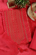 Red Zari Woven And Bandhani Printed Silk Unstitched Suit Fabric