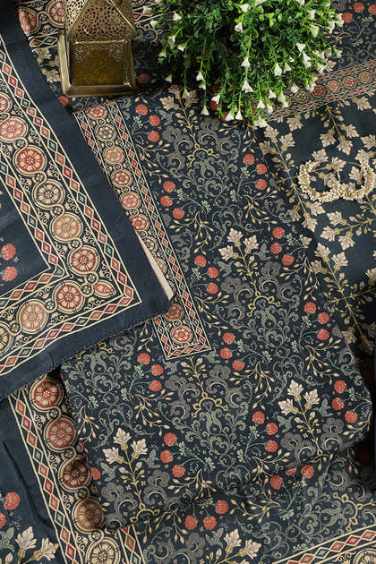 Blue Digital Printed Pashmina Unstitched Suit Fabric