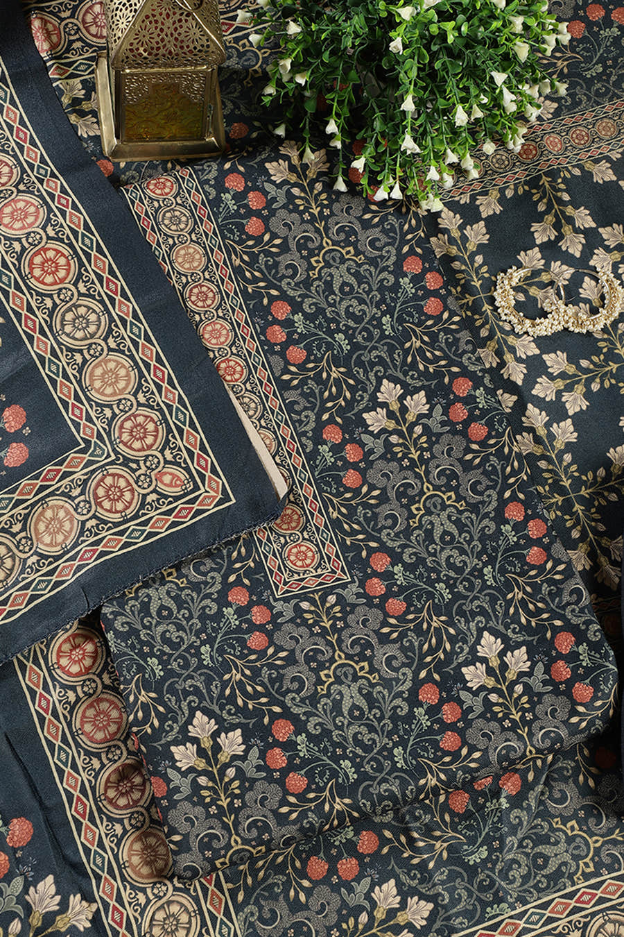 Blue Digital Printed Pashmina Unstitched Suit Fabric