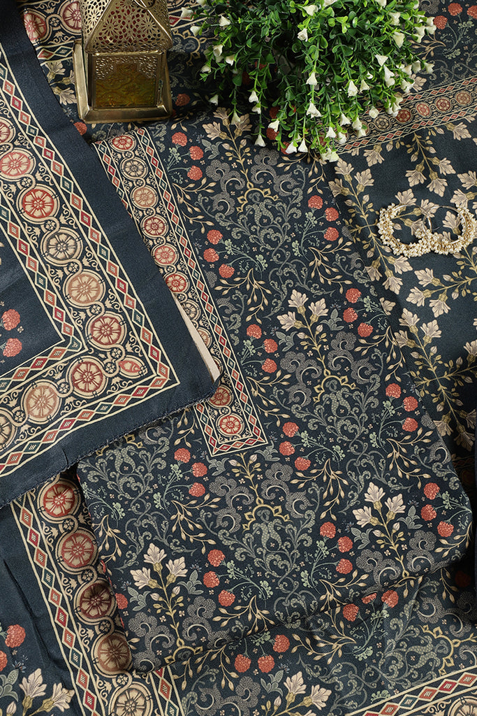 Blue Digital Printed Pashmina Unstitched Suit Fabric