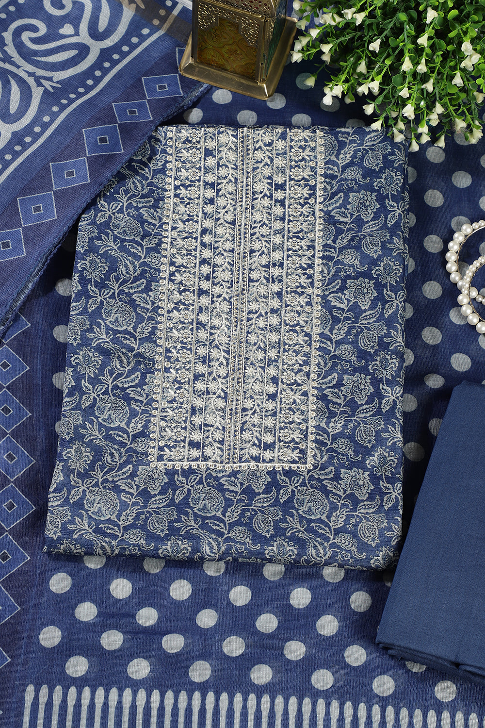 Navy Blue Cotton Silk Floral Printed and Neck Embroidered Unstitched Suit