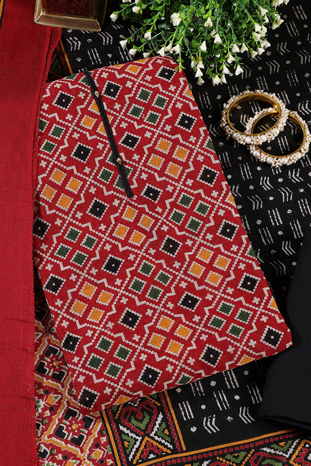 Maroon Printed Ikkat Cotton Unstitched Suit Material