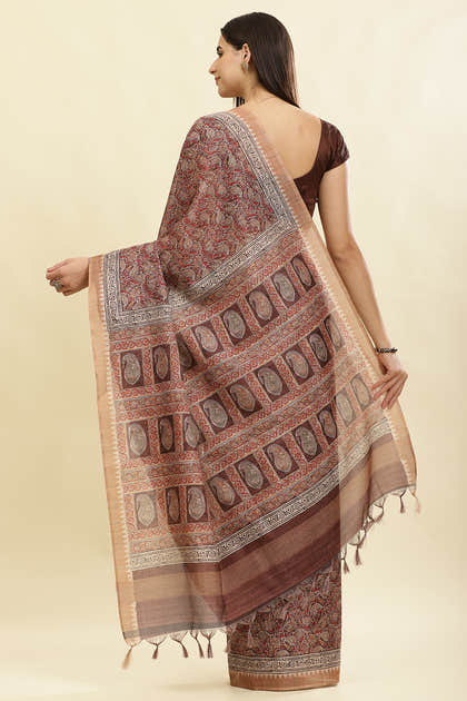 Brown Cotton Silk Floral Boota Printed Saree