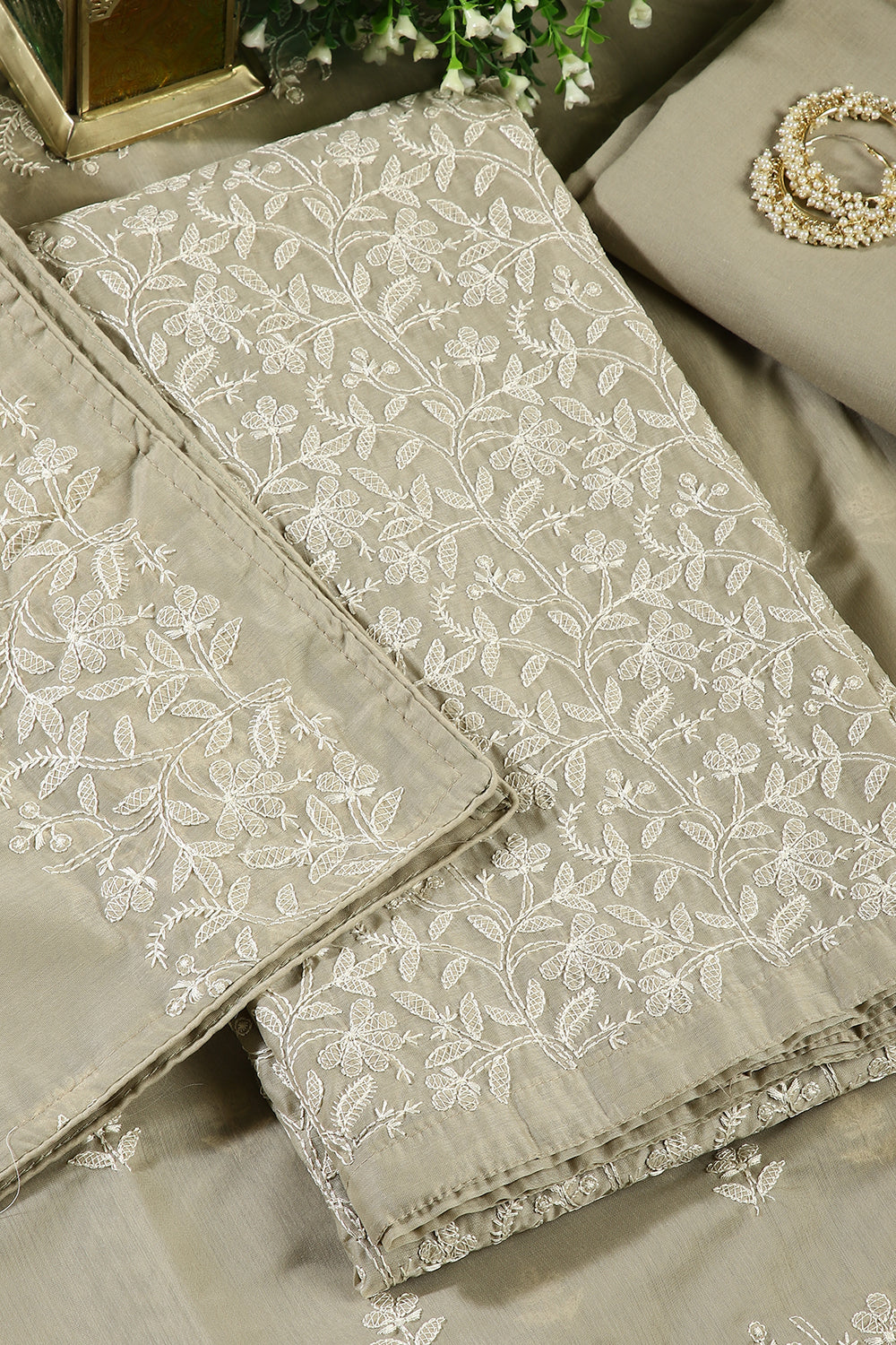 Greenish Grey Colour Resham Embroidered Chanderi Unstitched Suit