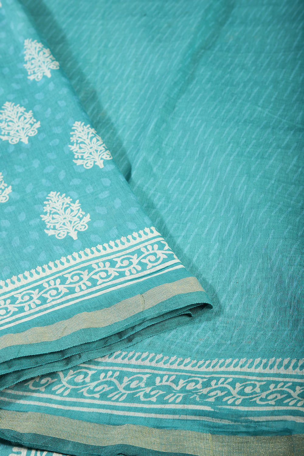 Sea Green Color Cotton Hand-Block Style Printed Saree