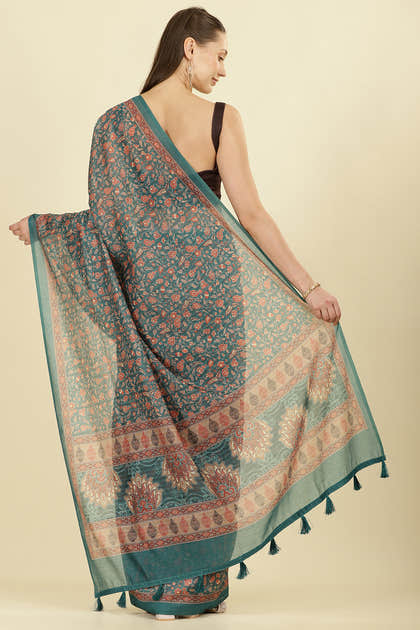 Teal Green Floral Printed Cotton Silk Saree
