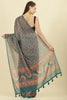 Teal Green Floral Printed Cotton Silk Saree