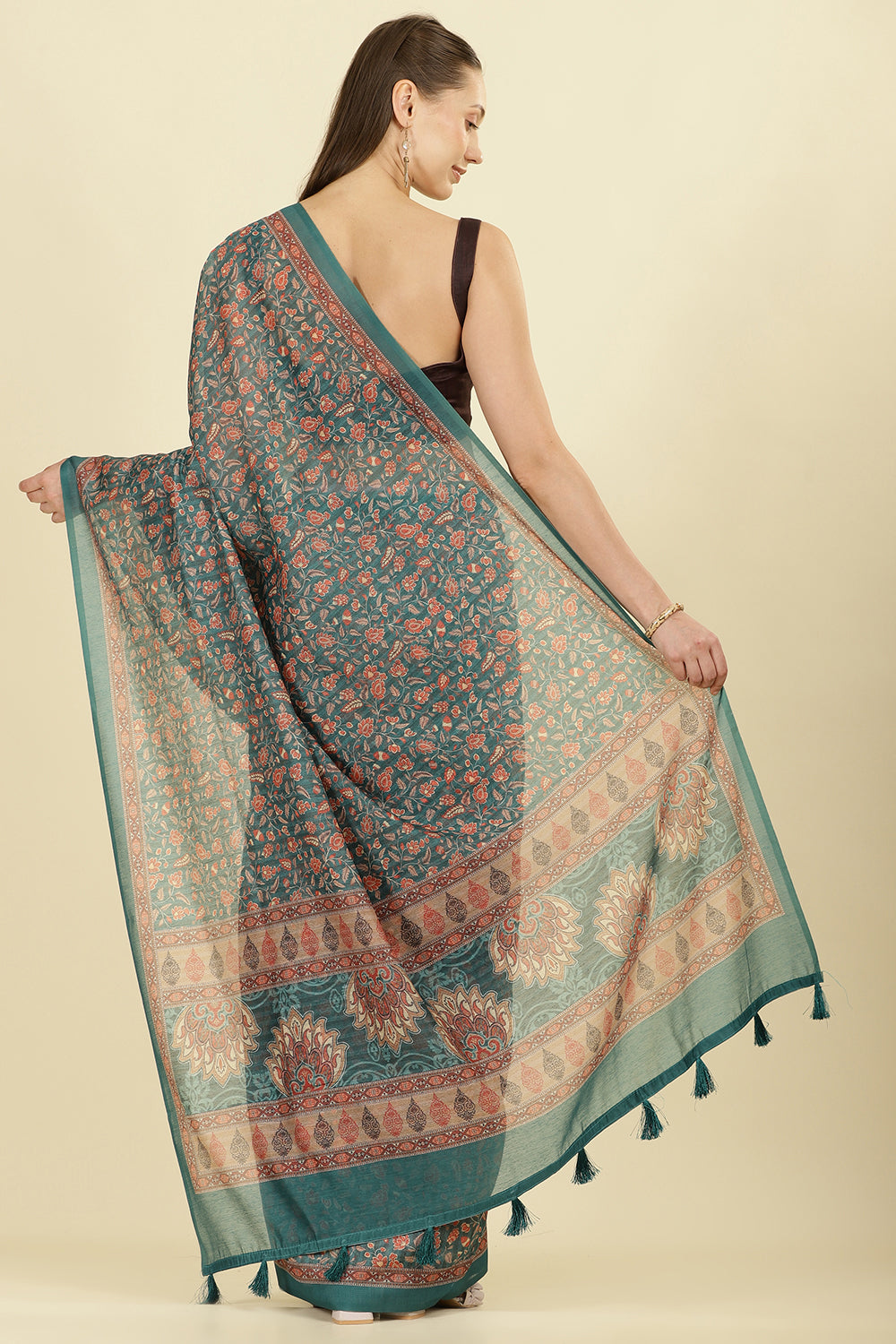 Teal Green Floral Printed Cotton Silk Saree